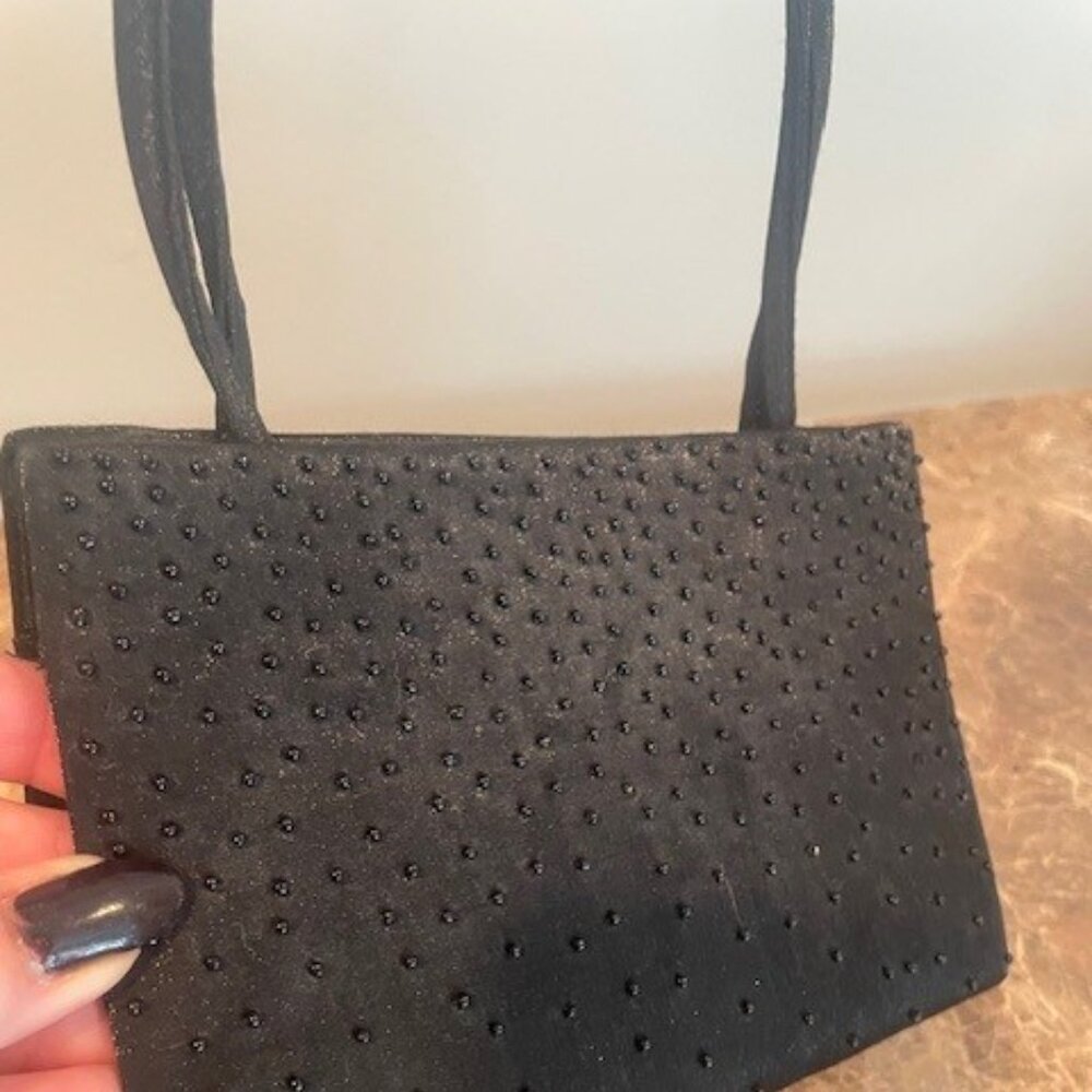 La Regale Black Beaded Evening Purse with Top Handles & Shoulder Strap
